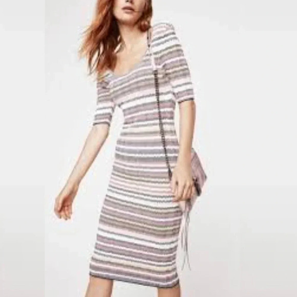 Rebecca Minkoff Multi Stripes Midi Dress Scoop Rib Knit Neck Size Medium - Picture 5 of 8